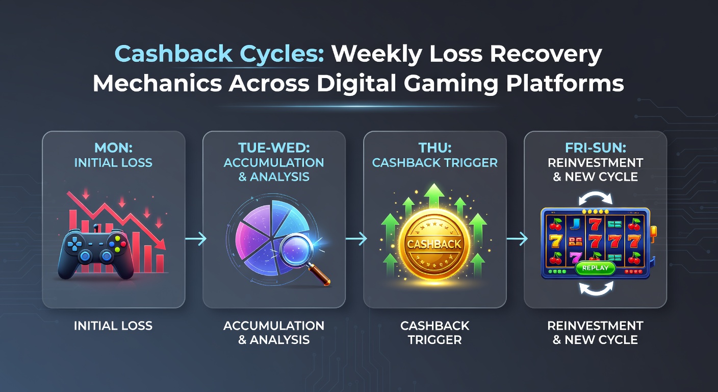 Infographic showing a weekly cashback cycle chart with loss recovery percentages rising over time on digital gaming interfaces