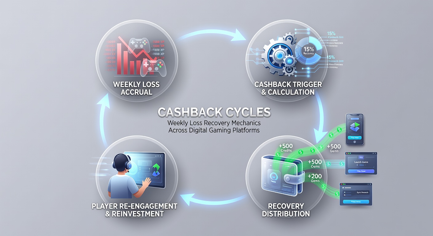 Screenshot of a digital dashboard displaying weekly cashback progress and loss recovery stats on a gaming platform