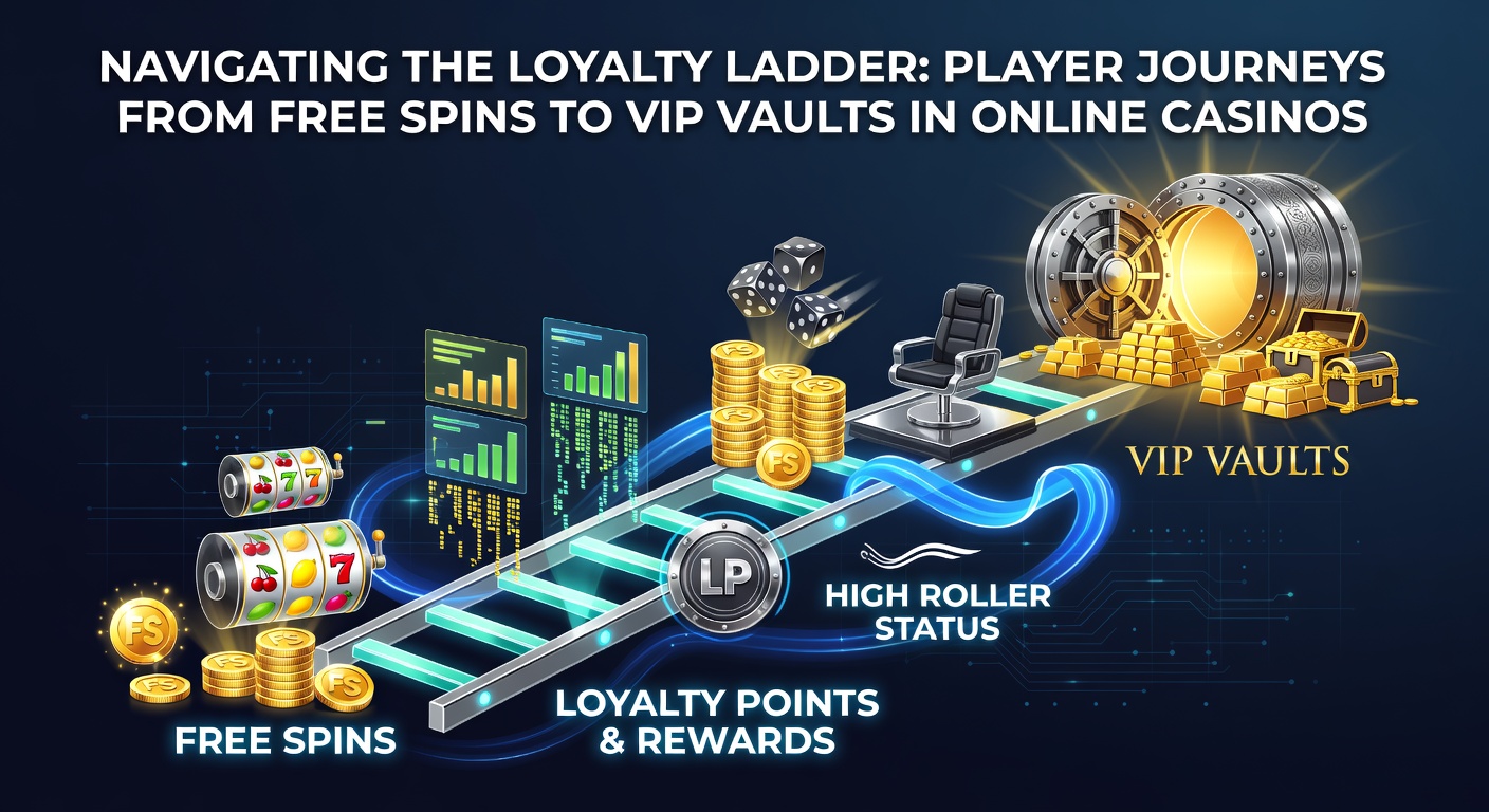 Graphic illustration of a ladder representing online casino loyalty tiers, with players ascending from free spins at the base to VIP vaults at the top
