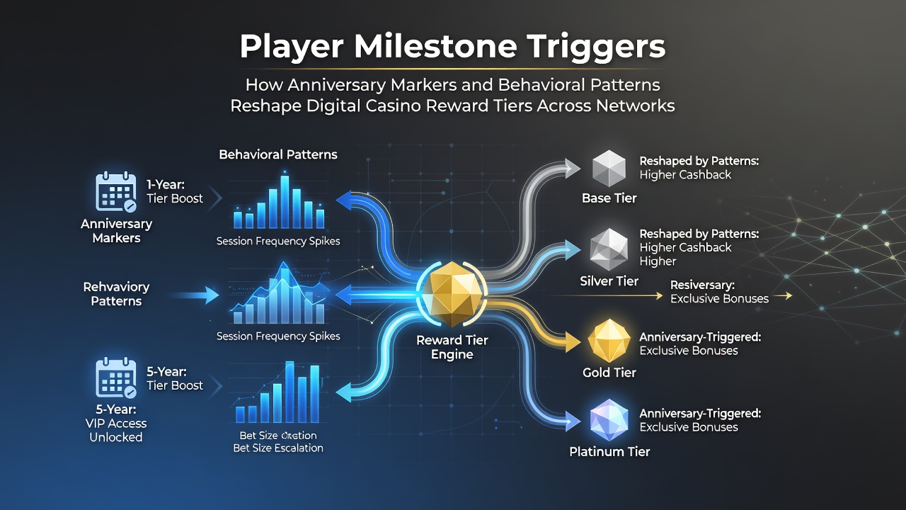 Digital casino reward tier interface showing anniversary markers and player progress indicators