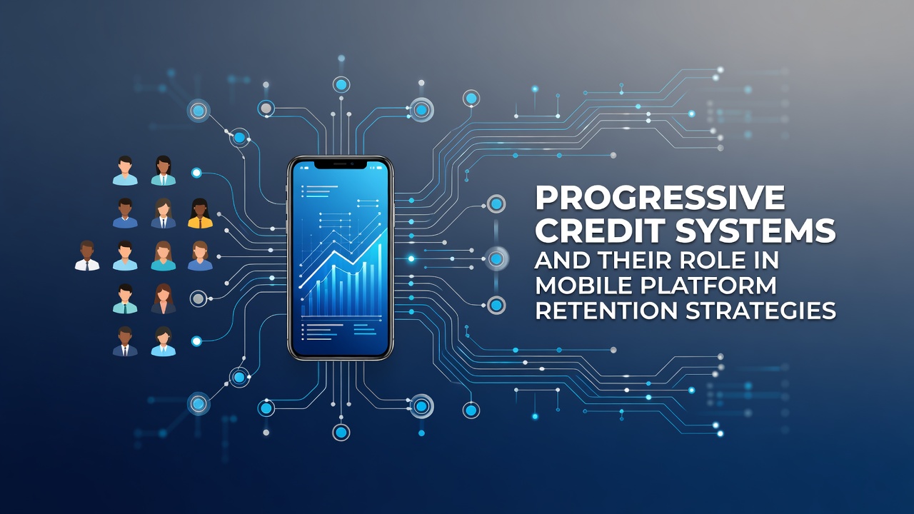 Diagram showing progressive credit tiers accumulating across mobile app screens with user progression indicators