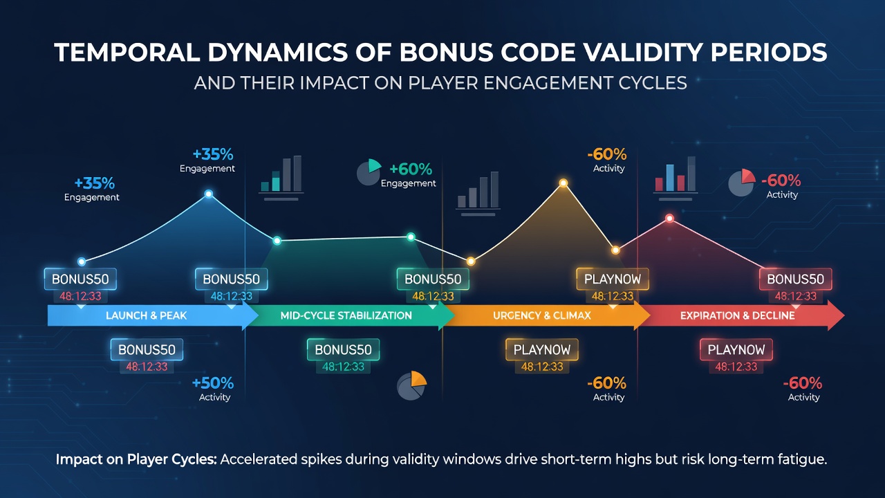 Timeline graphic showing various bonus code validity periods and player login frequency spikes