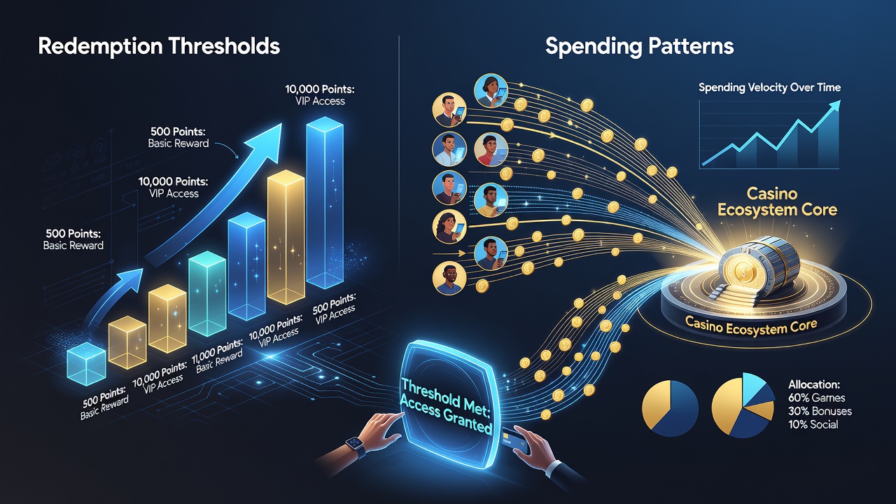 Analytics chart displaying spending patterns relative to redemption threshold milestones in digital casinos