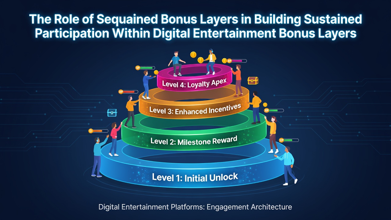 Diagram illustrating layered bonus progression across multiple digital entertainment platforms with timelines and engagement metrics